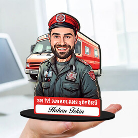 Kişiye Özel Erkek Ambülans Şoförüne Hediye Karikatürlü Biblo - Thumbnail
