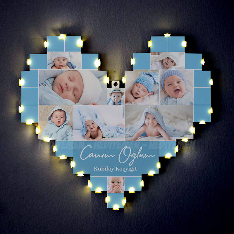 Erkek Bebeğe Özel Işıklı Kalp Pano