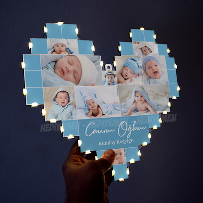 Erkek Bebeğe Özel Işıklı Kalp Pano - Thumbnail