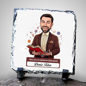  - Erkek Edebiyat Öğretmeni Temalı Karikatürlü Taş