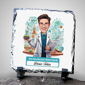  - Erkek Fen Bilimleri Öğretmeni Temalı Karikatürlü Taş