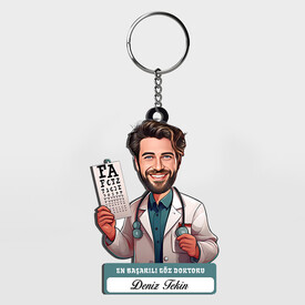 Erkek Göz Doktoruna Hediye Karikatürlü MDF Anahtarlık - Thumbnail