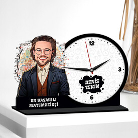  - Erkek Matematikçi Karikatürlü MDF Masa Saati