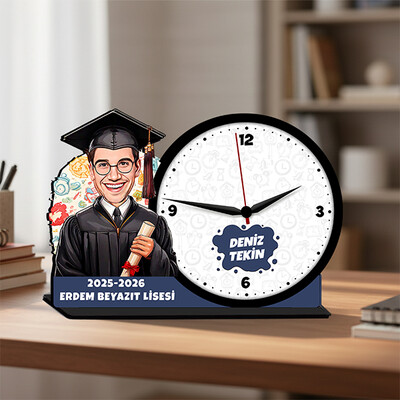  - Erkek Mezun Öğrenci Karikatürlü Masa Saati