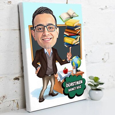  - Erkek Öğretmen Karikatürlü Kanvas Tablo