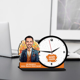  - Erkek Okul Öncesi Öğretmeni Karikatürlü MDF Masa Saati