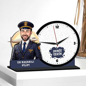 Erkek Pilota Hediye Karikatürlü Ahşap MDF Masa Saati - Thumbnail