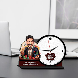  - Erkek Poker Oyuncusu Karikatürlü MDF Masa Saati