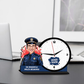  - Erkek Polis Memuru Karikatürlü MDF Masa Saati