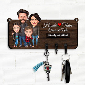  - 2 Çocuklu Aile Karikatürlü Anahtar Askısı