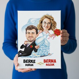  - Evli Çiftlere Karikatürlü Kanvas Tablo
