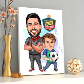 Futbol Sever Baba ve Oğlu Karikatürlü Kanvas Tablo - Thumbnail