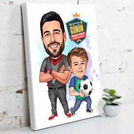 Futbol Sever Baba ve Oğlu Karikatürlü Kanvas Tablo - Thumbnail