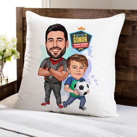 Futbol Sever Baba ve Oğlu Karikatürlü Yastık - Thumbnail