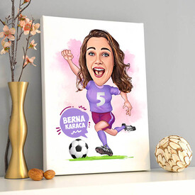 Futbolcu Kadın Karikatürlü Kanvas Tablo - Thumbnail