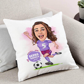 Futbolcu Kadın Karikatürlü Yastık - Thumbnail