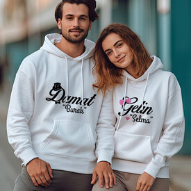 Gelin ve Damat Çiftlere Özel Kapşonlu Sweatshirt - Thumbnail