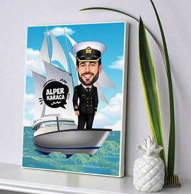 Gemi Kaptanı Erkek Karikatürlü Kanvas Tablo - Thumbnail