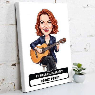  - Gitarist Müzisyen Kadın Karikatürlü Kanvas Tablo
