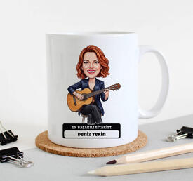 Gitarist Müzisyen Kadın Karikatürlü Kupa Bardak - Thumbnail