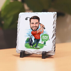 Golf Oynamayı Seven Erkek Karikatürlü Taş Baskı - Thumbnail