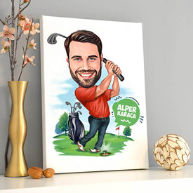 Golf Oynayan Erkek Karikatürlü Kanvas Tablo - Thumbnail
