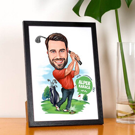 Golf Oynayan Erkek Karikatürlü Resim Çerçevesi - Thumbnail