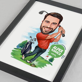 Golf Oynayan Erkek Karikatürlü Resim Çerçevesi - Thumbnail