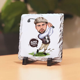 Golf Oynayan Erkek Karikatürlü Taş Baskı - Thumbnail