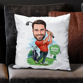 Golf Oynayan Erkek Karikatürlü Yastık - Thumbnail