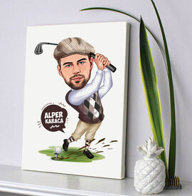 Golf Sever Erkek Karikatürlü Kanvas Tablo - Thumbnail