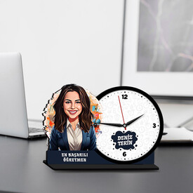  - Kadın Öğretmen Karikatürlü MDF Masa Saati