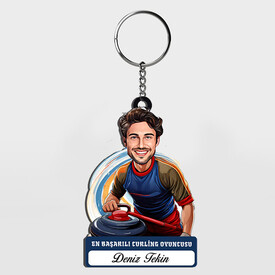  - Hediyelik - Erkek Curling Oyuncusu Karikatürlü Anahtarlık