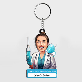  - Hediyelik - Kadın Anestezi Doktoru Karikatürlü Anahtarlık
