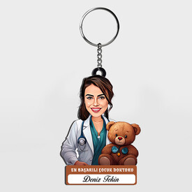  - Hediyelik - Kadın Çocuk Doktoru Karikatürlü Anahtarlık