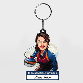  - Hediyelik - Kadın Curling Oyuncusu Karikatürlü Anahtarlık