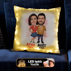 Hep Yanındayım Sevgilim Karikatürlü Işıklı Yastık - Thumbnail