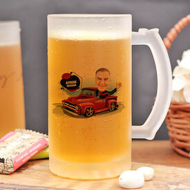 Hız Yapan Antika Arabadaki Erkek Karikatürlü Bira Bardağı - Thumbnail