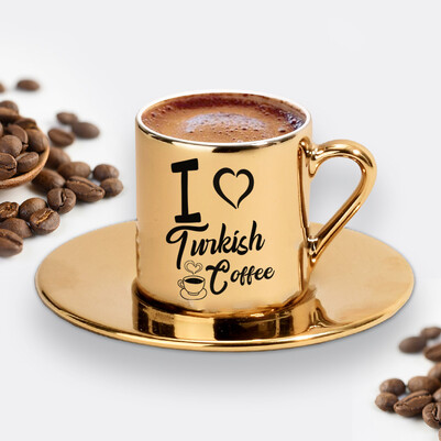 I Love Turkish Coffee Gold Kahve Fincanı - Thumbnail