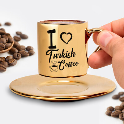I Love Turkish Coffee Gold Kahve Fincanı - Thumbnail