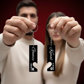 İki Parça İsimli ve Tarihli Puzzle Anahtarlık - Thumbnail