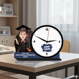 İlkokul Erkek Öğrenci Mezuniyet Karikatürlü Masa Saati - Thumbnail