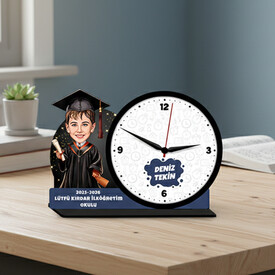 İlkokul Erkek Öğrenci Mezuniyet Karikatürlü Masa Saati - Thumbnail