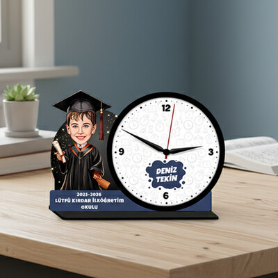  - İlkokul Erkek Öğrenci Mezuniyet Karikatürlü Masa Saati