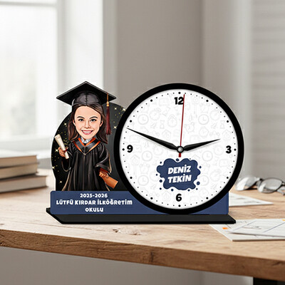  - İlkokul Kız Öğrenci Mezuniyet Karikatürlü Masa Saati