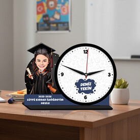 İlkokul Kız Öğrenci Mezuniyet Karikatürlü Masa Saati - Thumbnail
