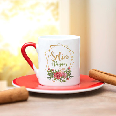 İsme Özel Çiçek Motifli Kahve Fincanı - Thumbnail