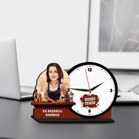  - Kadın Barmen Karikatürlü MDF Masa Saati