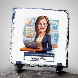  - Kadın Bilgisayar Öğretmeni Temalı Karikatürlü Taş