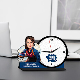  - Kadın Curling Oyuncusu Karikatürlü MDF Masa Saati